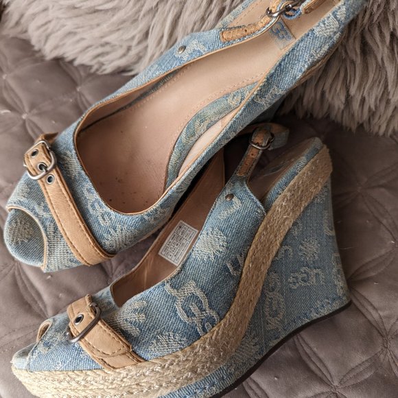 UGG blue high heeled peekaboo toe wedge sandals with rope trim size 8 - Picture 2 of 10